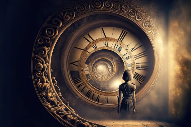 a woman standing in front of a large clock